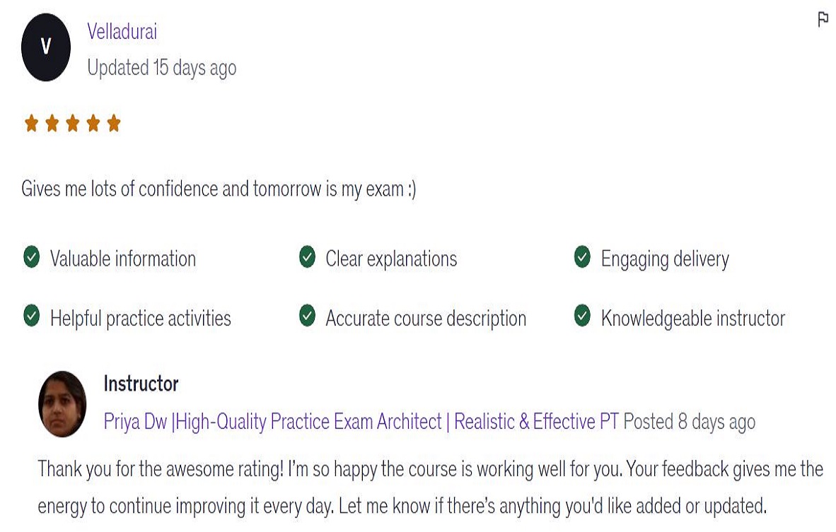 Learner review praising CertShield practice exam quality