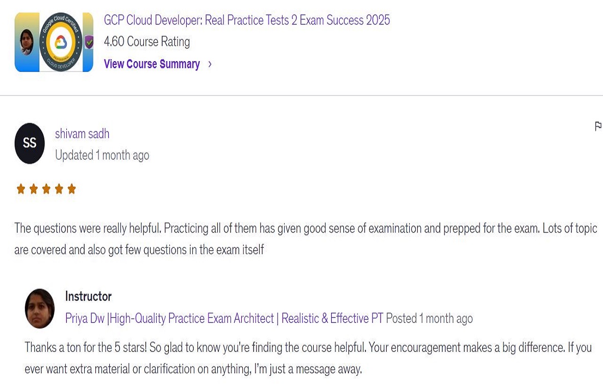 Shivam appreciating course depth and support