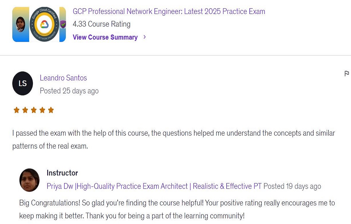 Leandro sharing positive feedback on exam accuracy